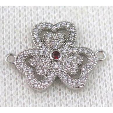 copper Clover connector paved zircon, platinum plated