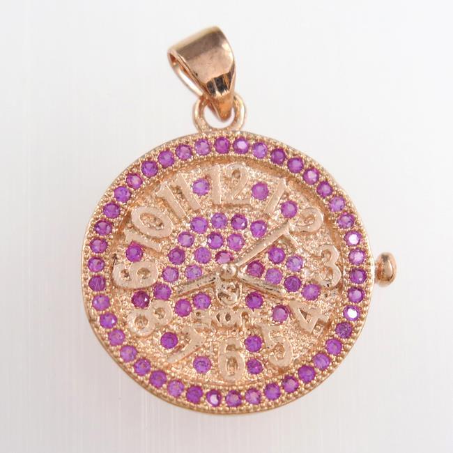 copper clock pendants paved zircon, circle, rose gold