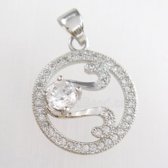 copper circle pendants paved zircon, platinum plated