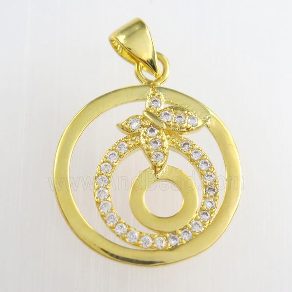 copper circle pendants paved zircon, gold plated