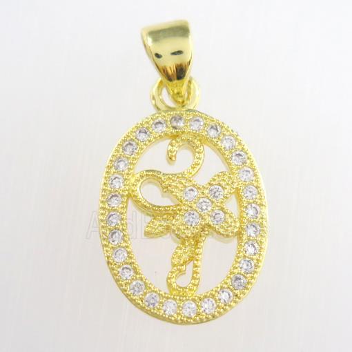 copper oval pendants paved zircon, gold plated