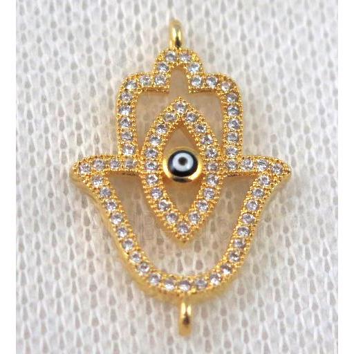 copper hamsahand connector paved zircon with evil eye, gold plated