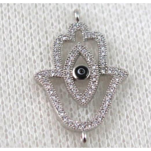 copper hamsahand connector paved zircon with evil eye, platinum plated