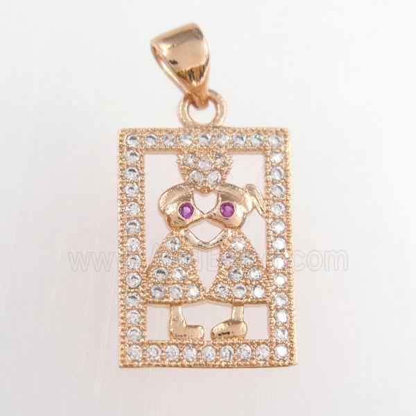 copper couple pendants paved zircon, rose gold