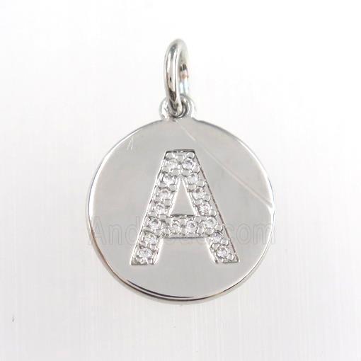 copper pendant paved zircon, letter A, platinum plated