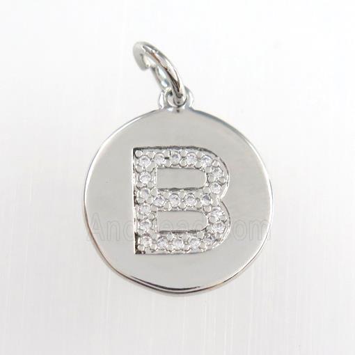 copper pendant paved zircon, letter B, platinum plated