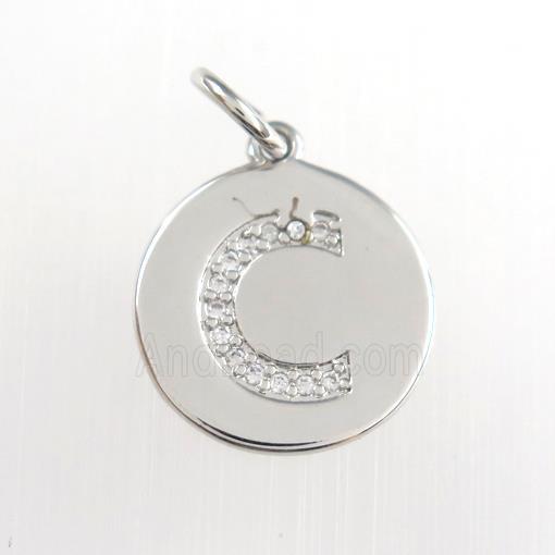 copper pendant paved zircon, letter C, platinum plated