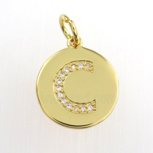copper pendant paved zircon, letter C, gold plated
