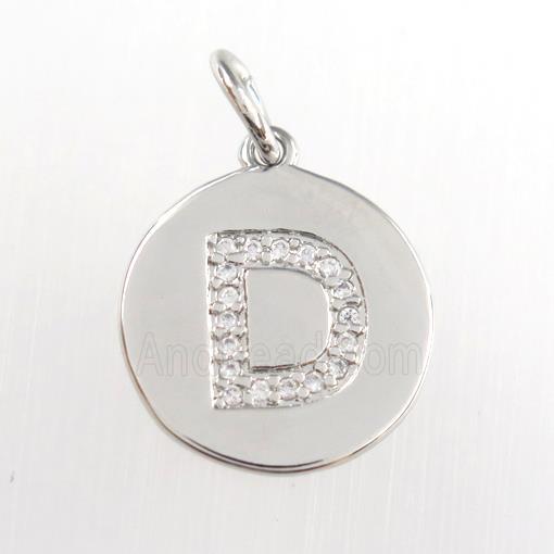 copper pendant paved zircon, letter D, platinum plated