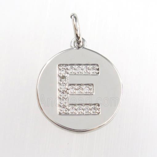 copper pendant paved zircon, letter E, platinum plated