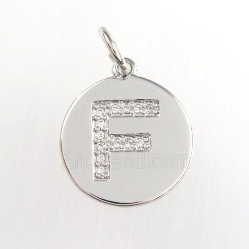 copper pendant paved zircon, letter F, platinum plated