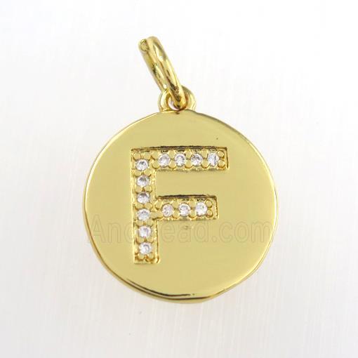 copper pendant paved zircon, letter F, gold plated