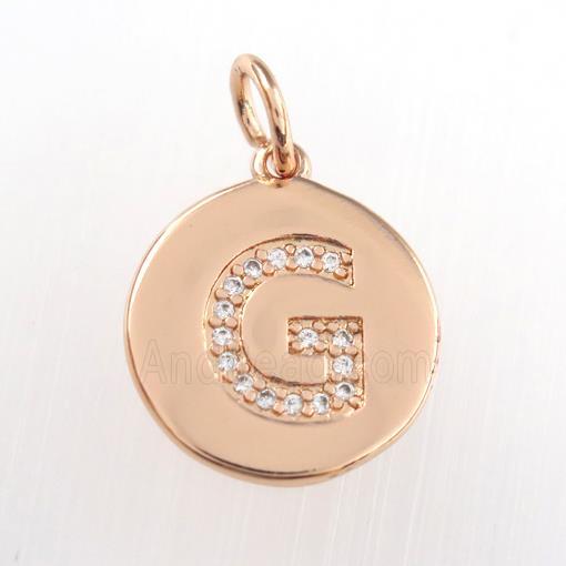 copper pendant paved zircon, letter G, rose gold