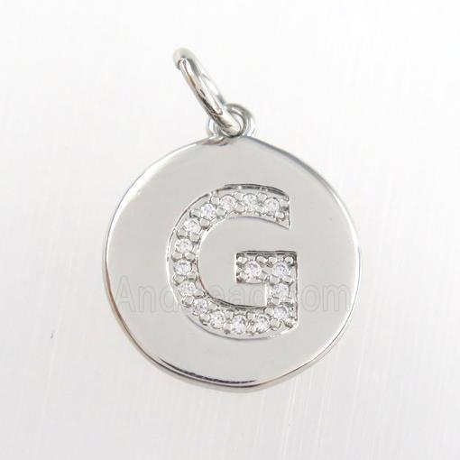 copper pendant paved zircon, letter G, platinum plated