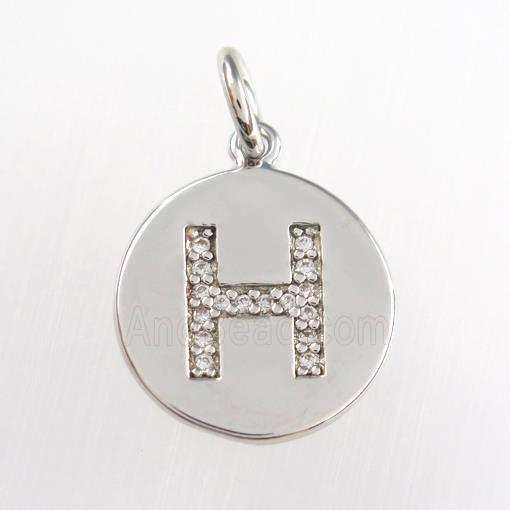 copper pendant paved zircon, letter H, platinum plated