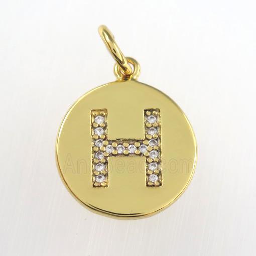 copper pendant paved zircon, letter H, gold plated