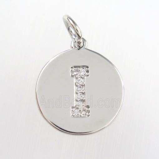 copper pendant paved zircon, letter I, platinum plated