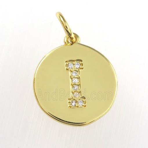 copper pendant paved zircon, letter I, gold plated
