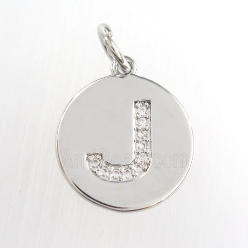 copper pendant paved zircon, letter J, platinum plated