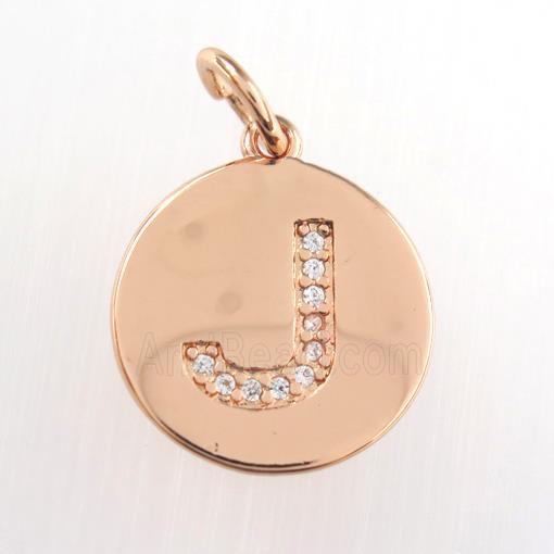 copper pendant paved zircon, letter J, rose gold