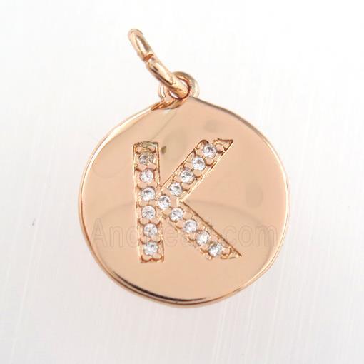 copper pendant paved zircon, letter K, rose gold