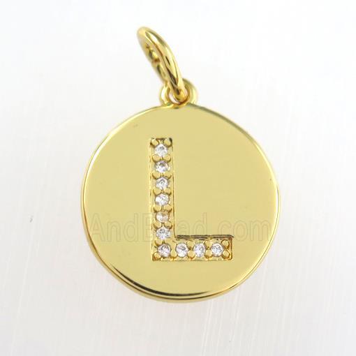 copper pendant paved zircon, letter L, gold plated