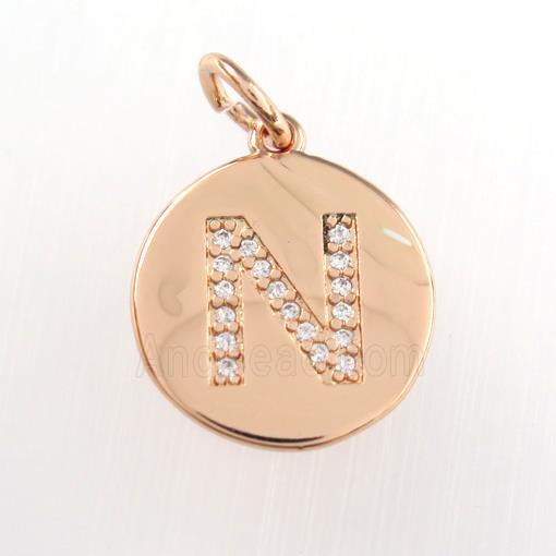 copper pendant paved zircon, letter N, rose gold