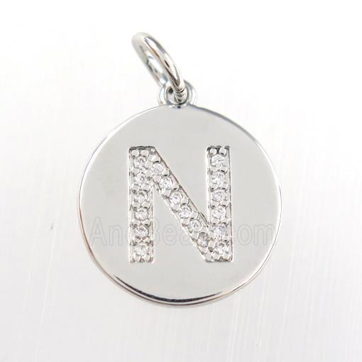 copper pendant paved zircon, letter N, platinum plated