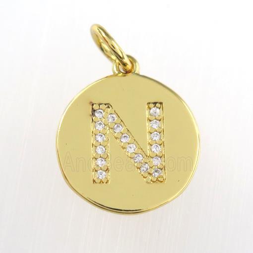 copper pendant paved zircon, letter N, gold plated
