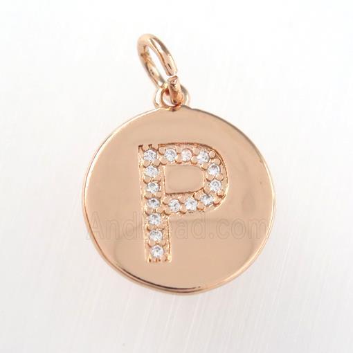 copper pendant paved zircon, letter P, rose gold