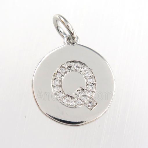 copper pendant paved zircon, letter Q, platinum plated