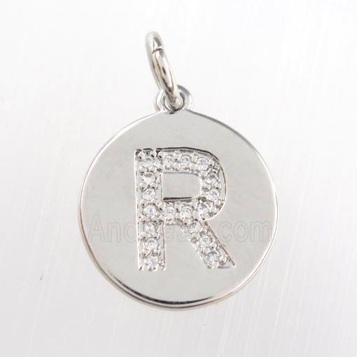 copper pendant paved zircon, letter R, platinum plated