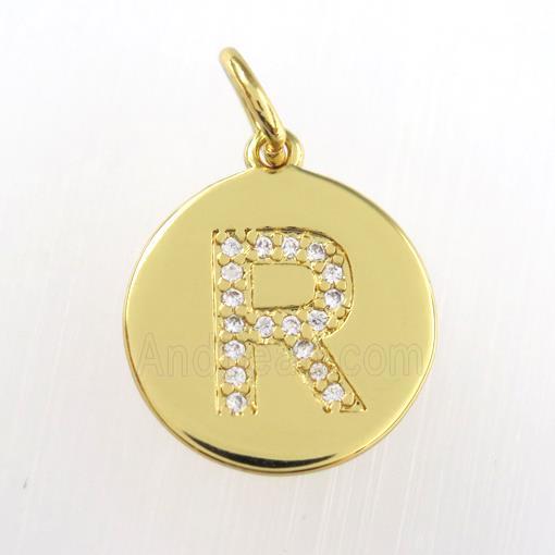 copper pendant paved zircon, letter R, gold plated