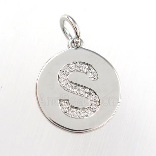 copper pendant paved zircon, letter S, platinum plated