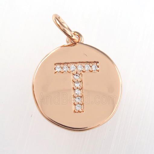 copper pendant paved zircon, letter T, rose gold