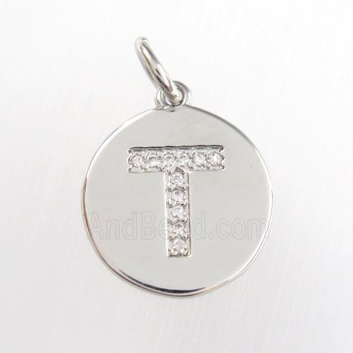 copper pendant paved zircon, letter T, platinum plated