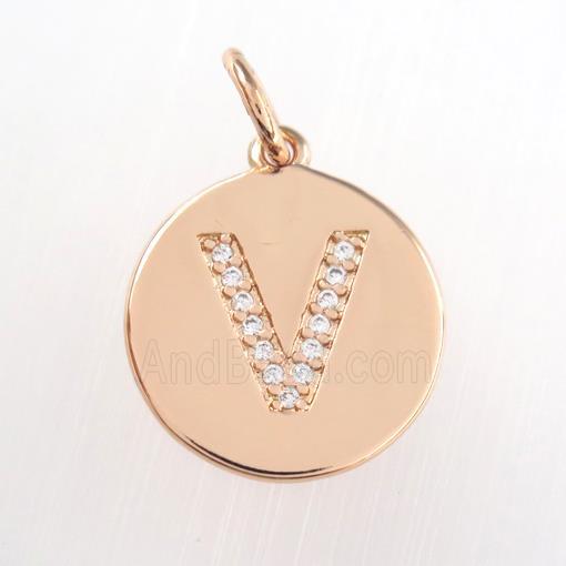 copper pendant paved zircon, letter V, rose gold