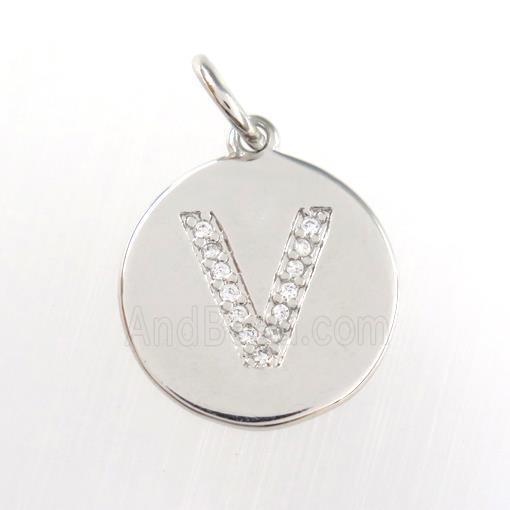 copper pendant paved zircon, letter V, platinum plated