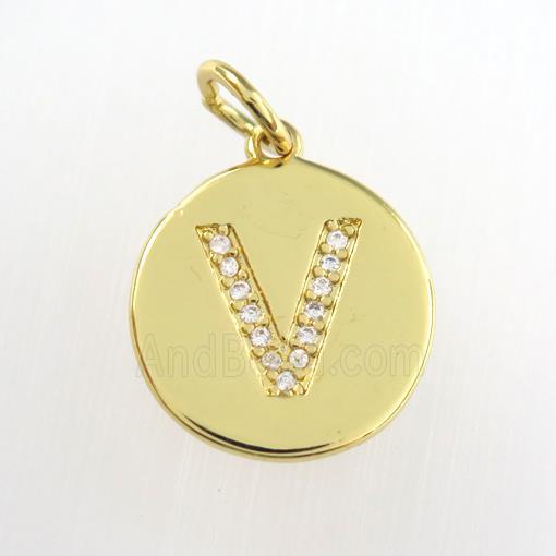 copper pendant paved zircon, letter V, gold plated