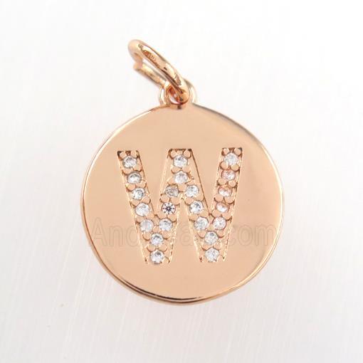 copper pendant paved zircon, letter W, rose gold