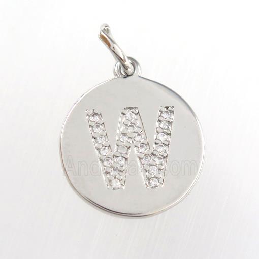 copper pendant paved zircon, letter W, platinum plated
