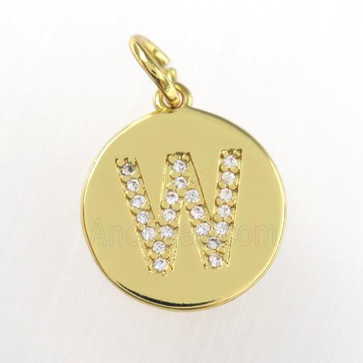 copper pendant paved zircon, letter W, gold plated