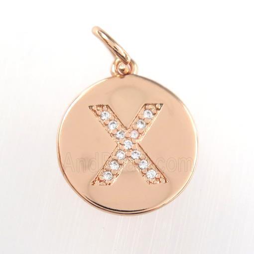 copper pendant paved zircon, letter X, rose gold