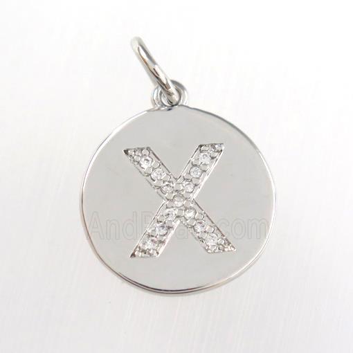 copper pendant paved zircon, letter X, platinum plated