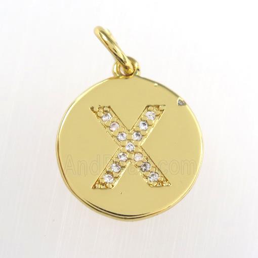 copper pendant paved zircon, letter X, gold plated