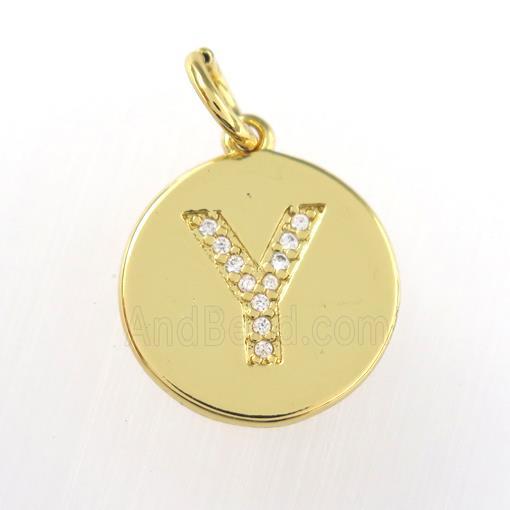 copper pendant paved zircon, letter Y, gold plated