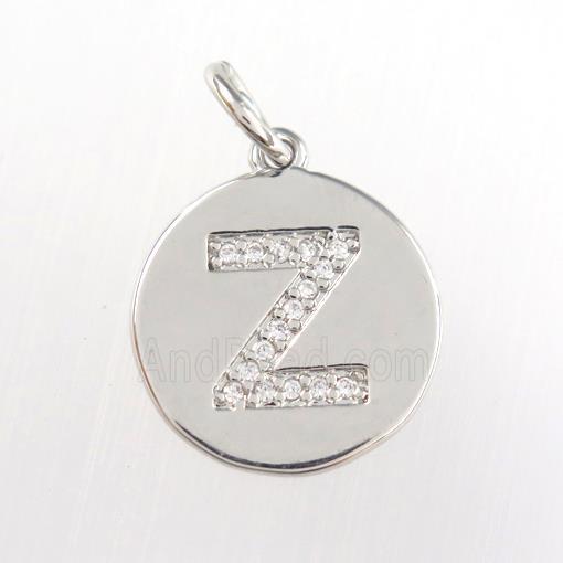 copper pendant paved zircon, letter Z, platinum plated