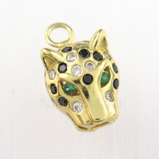 copper leopardHead pendant paved zircon, gold plated