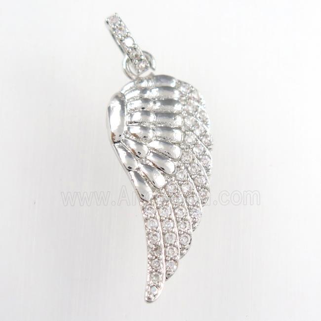copper angel wing pendant paved zircon, platinum plated