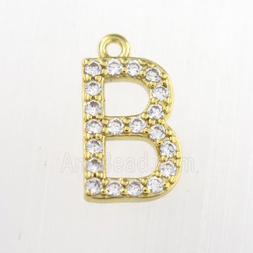 copper pendant paved zircon, letter B, gold plated